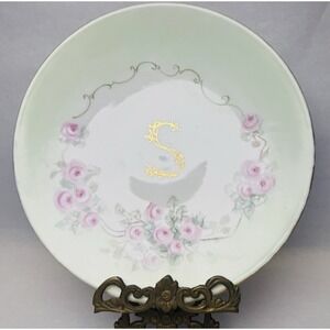 JPL France 8 1/2" Plate "S" Initial Light Green‎ Floral Print Gold Trim 1902